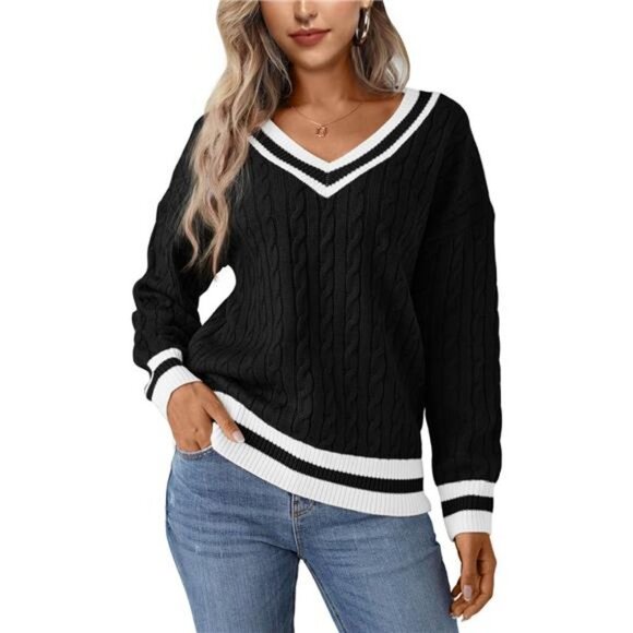 Women's Cable Knit V Neck Sweaters Casual Long Sleeve Pullover Striped - Picture 1 of 7